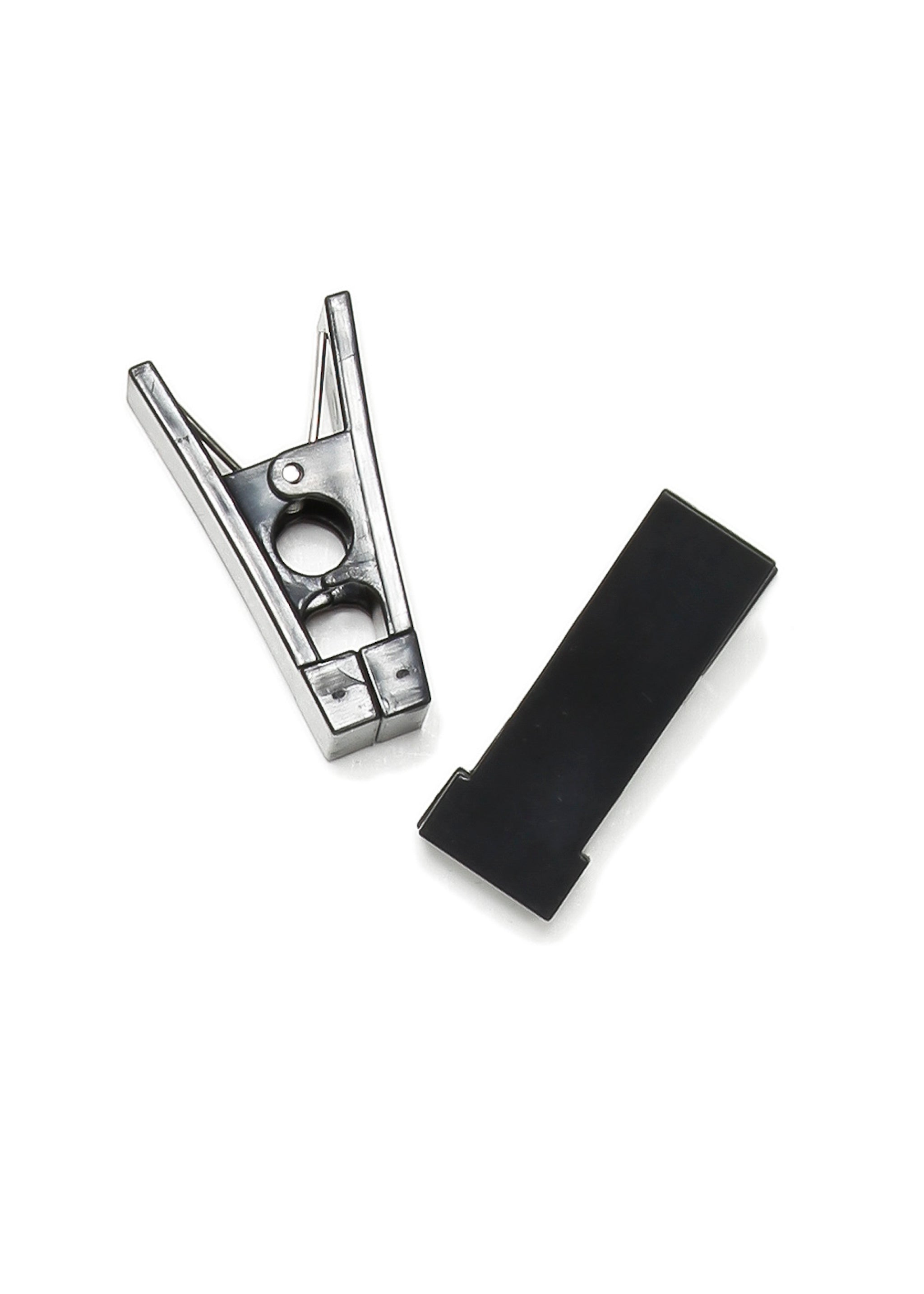 Two black Clos-ette hanger-bar clips
